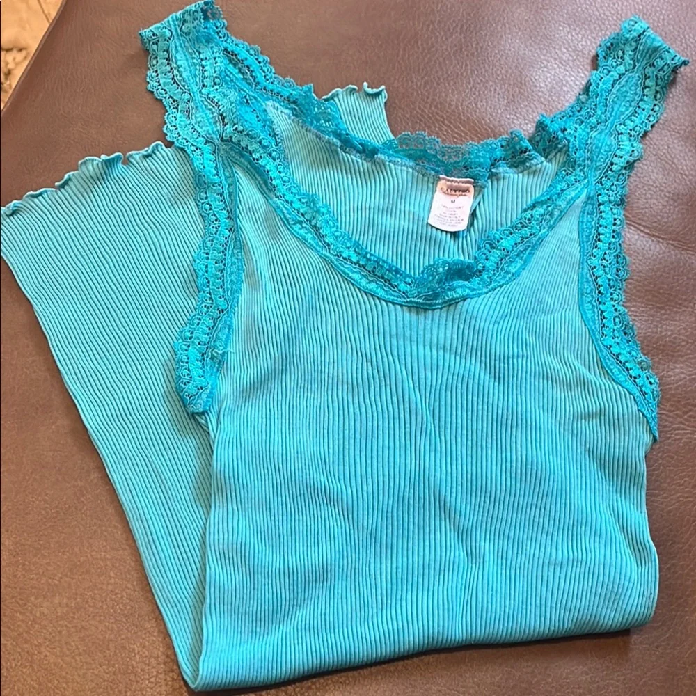 EUC Calypso Aqua Ribbed Ruffled Sleeveless Tank Top Cotton - Picture 8 of 8